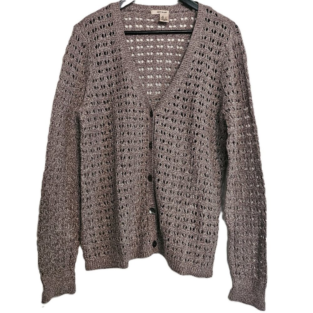 DKNY Button Front Knit Crocheted Cardigan Long Sleeve Taupe Sweater Size Large